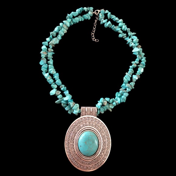 NEW Boho Handmade Double Strand Turquoise Silver Pendant Necklace, Adjustable - Picture 4 of 7